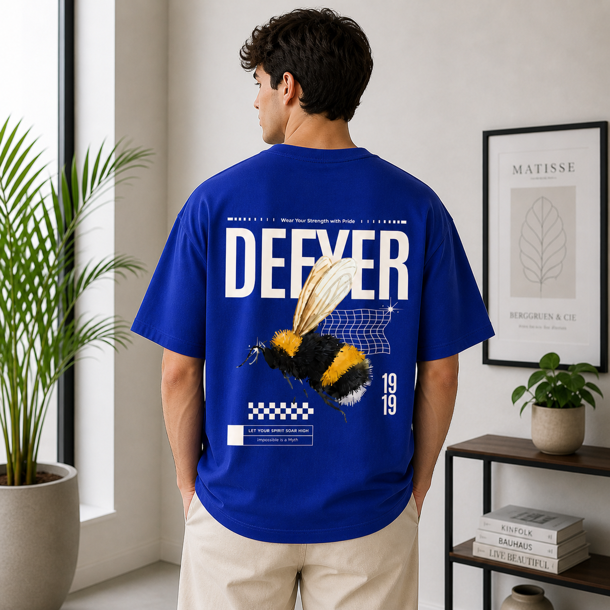 Defyer Bumblebee Cotton Oversized T shirt Royal Blue