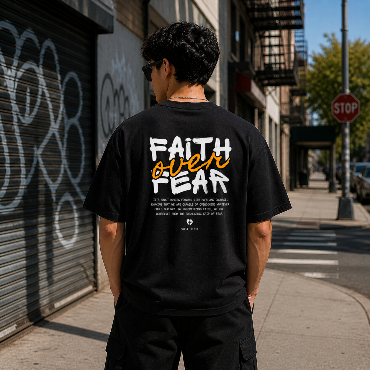 Faith Over Fear Cotton Oversized Graphic T shirt Black