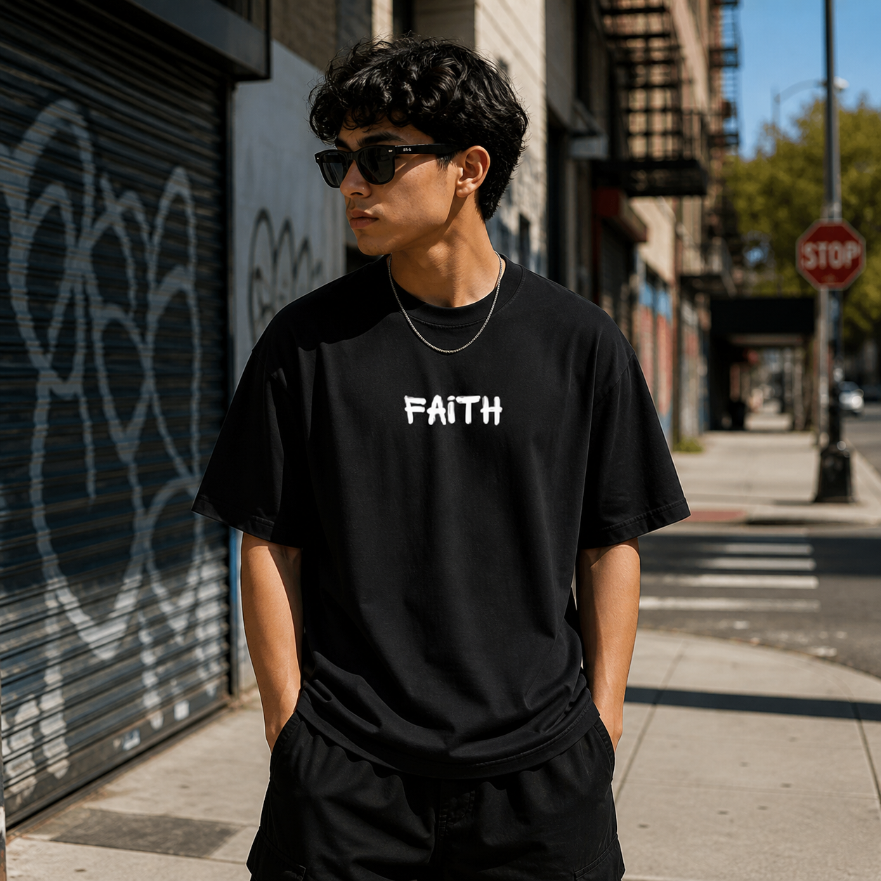 Faith Over Fear Cotton Oversized Graphic T shirt Black