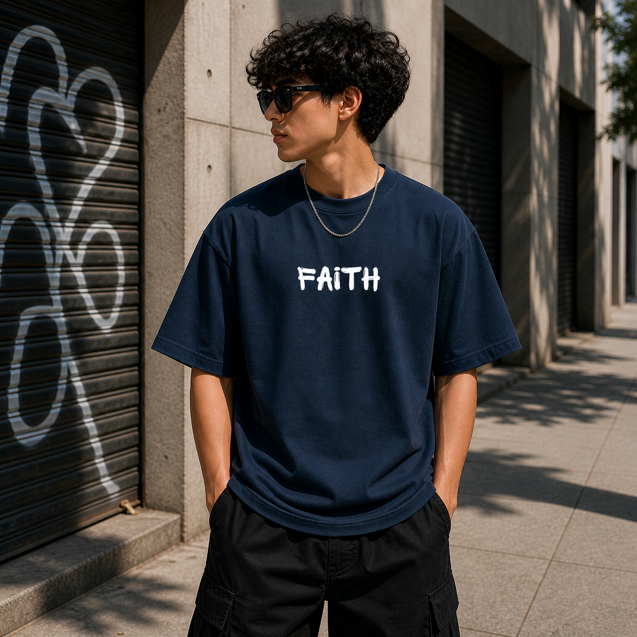 Faith Over Fear Cotton Oversized Graphic T shirt Navy Blue