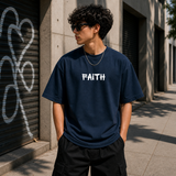 Faith Over Fear Cotton Oversized Graphic T shirt Navy Blue