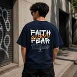 Faith Over Fear Cotton Oversized Graphic T shirt Navy Blue