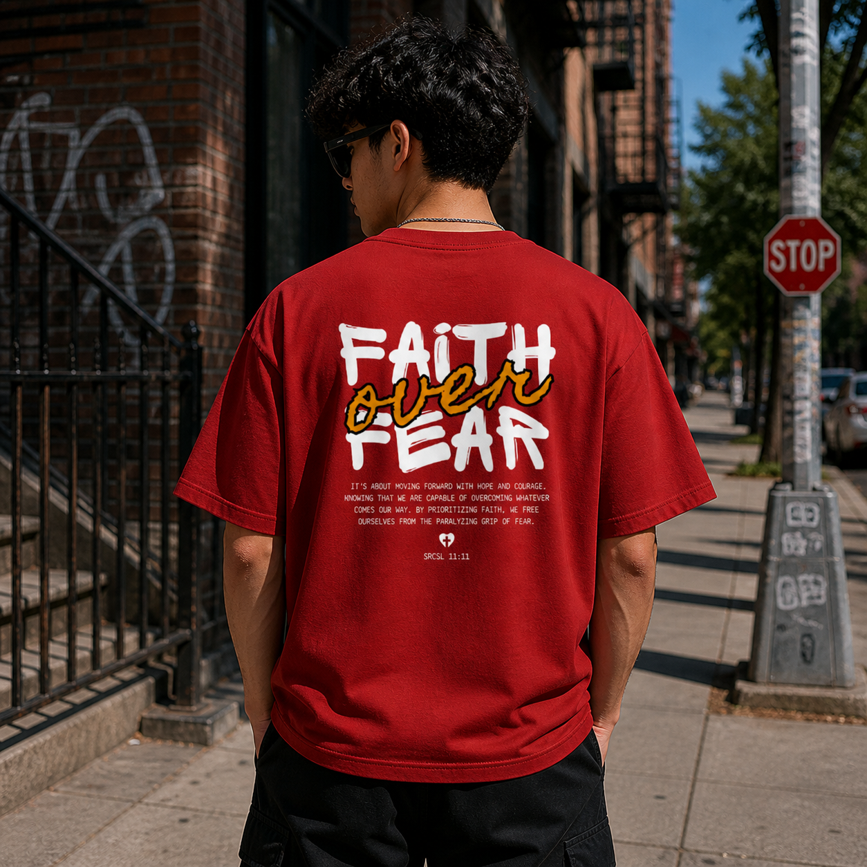 Faith Over Fear Cotton Oversized Graphic T shirt Red