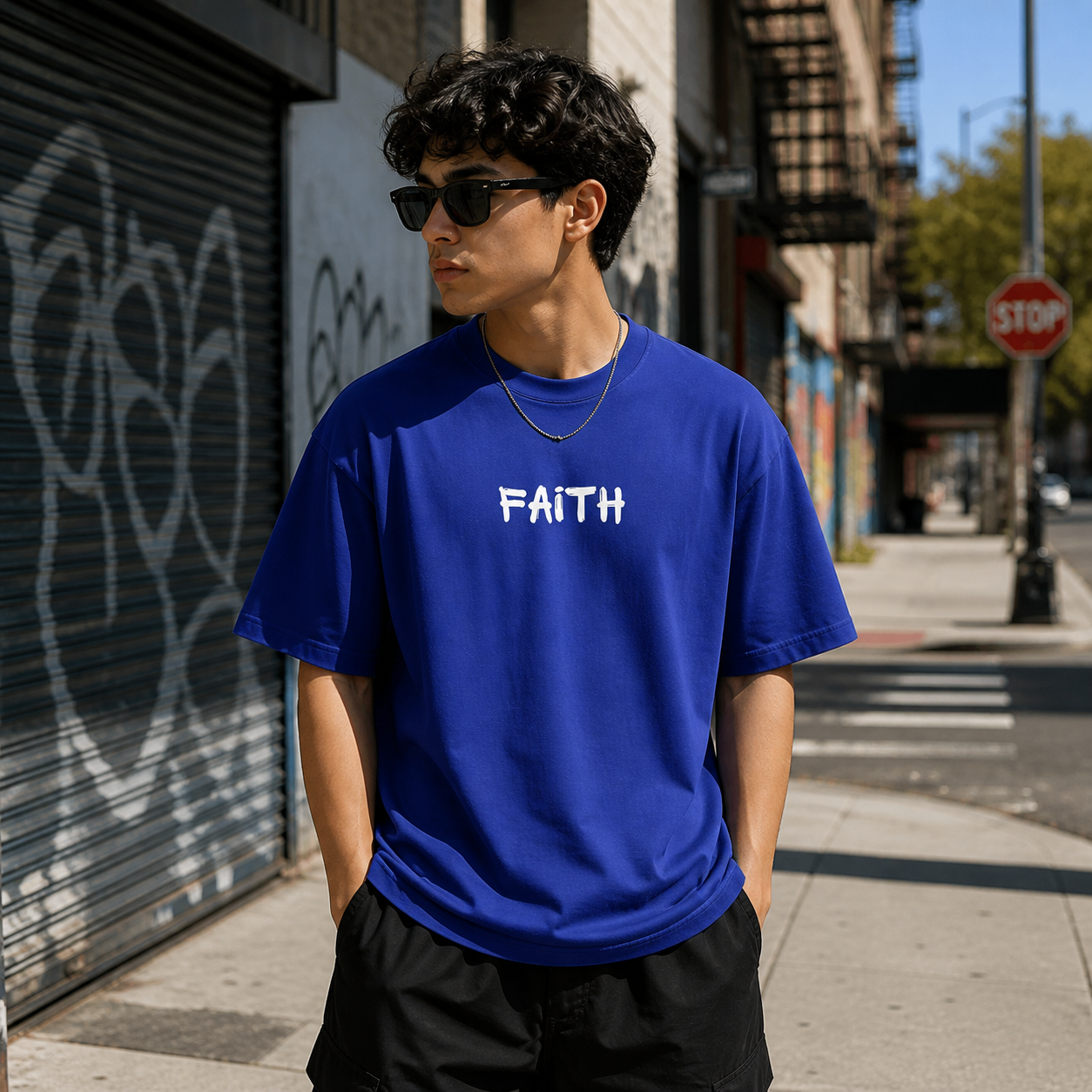 Faith Over Fear Cotton Oversized Graphic T shirt Royal Blue