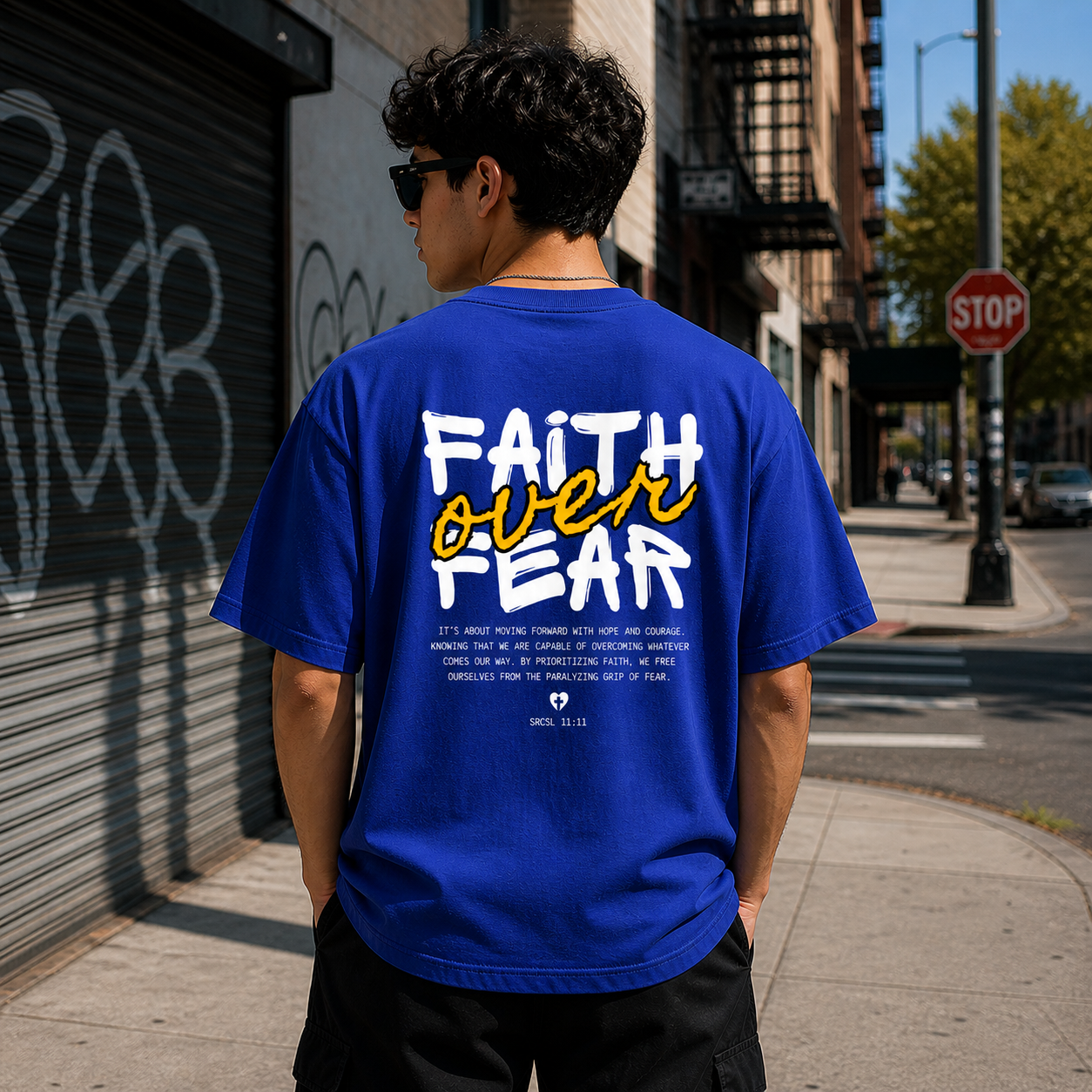 Faith Over Fear Cotton Oversized Graphic T shirt Royal Blue