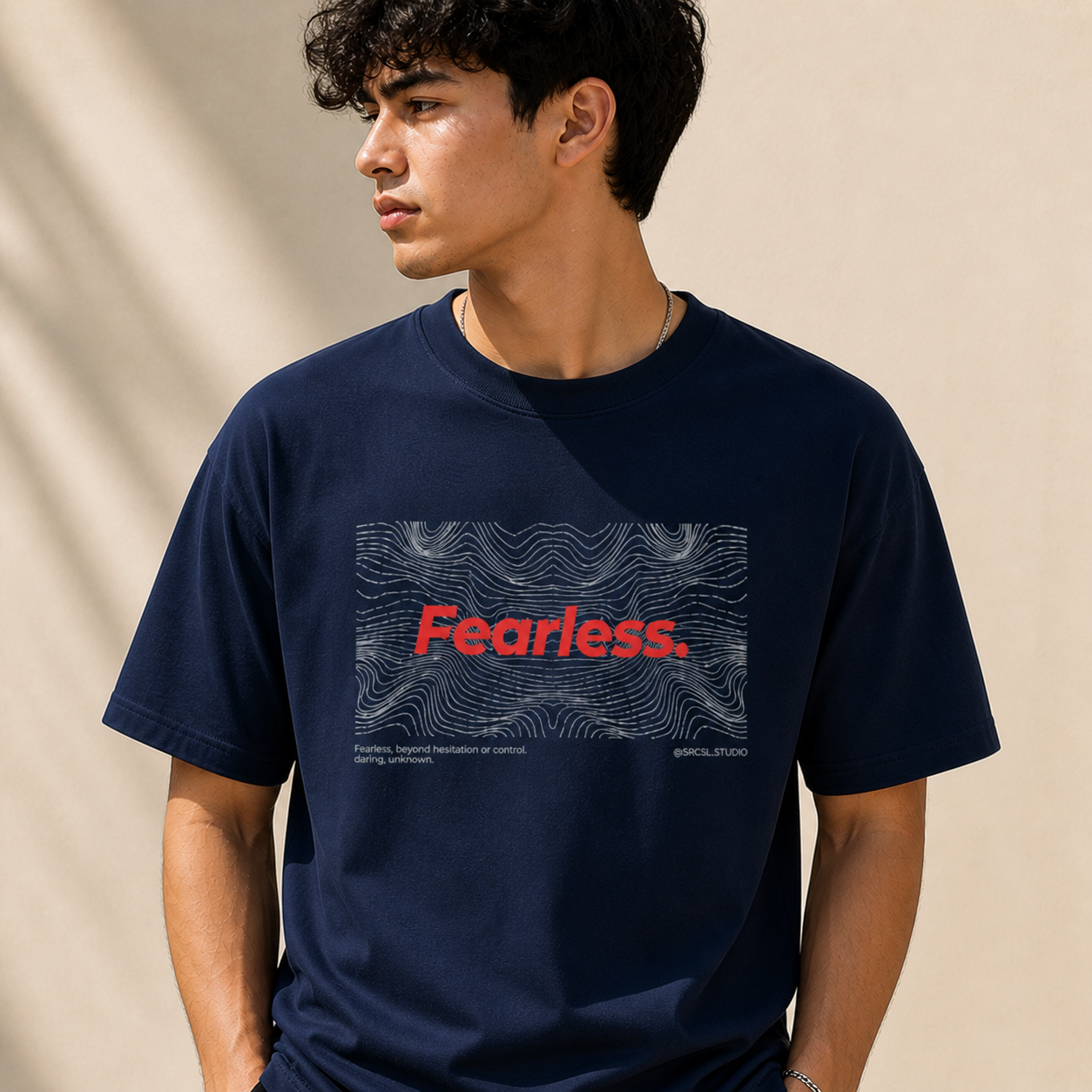 Fearless Typography Oversized Navy Blue Graphic T-Shirt