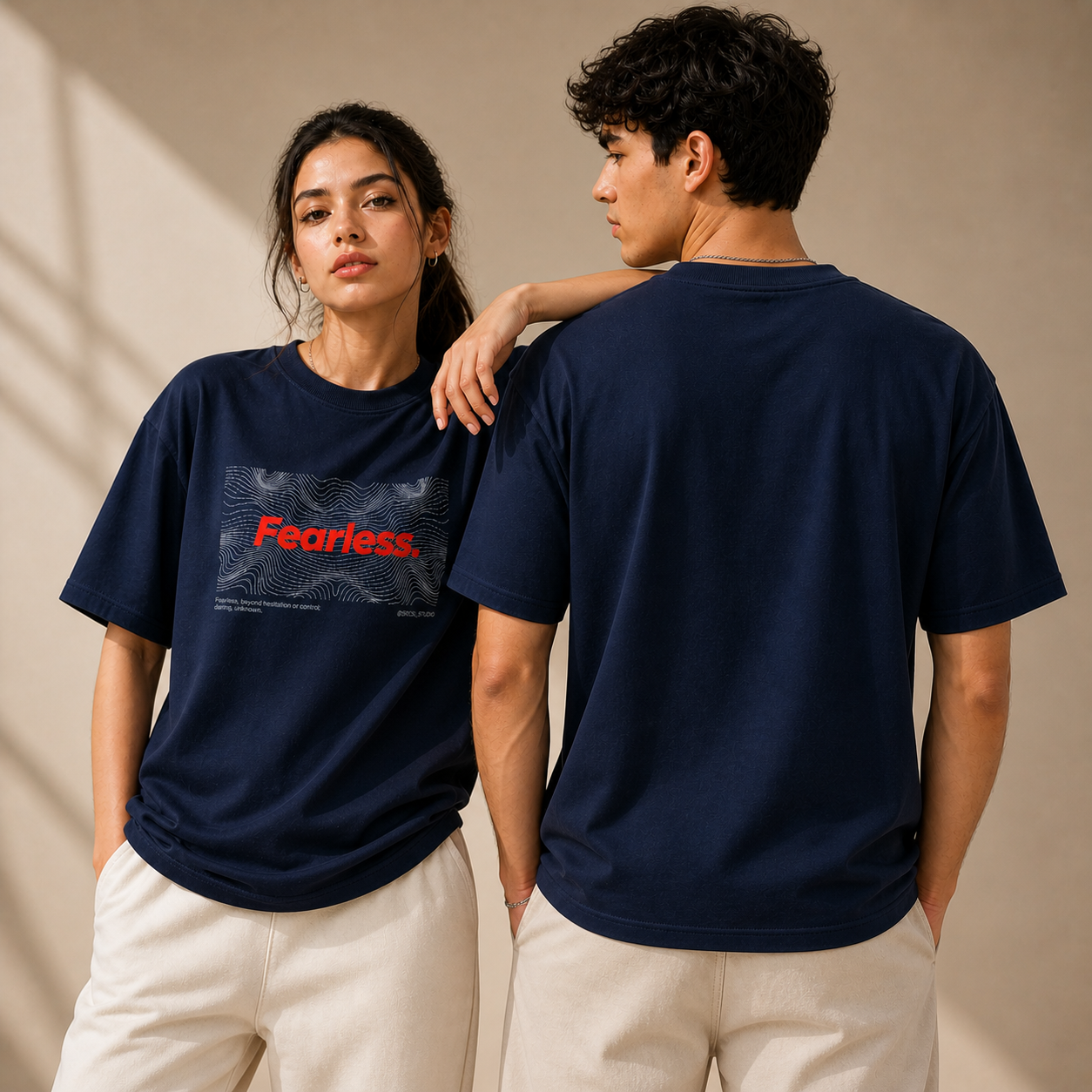 Fearless Typography Oversized Navy Blue Graphic T-Shirt