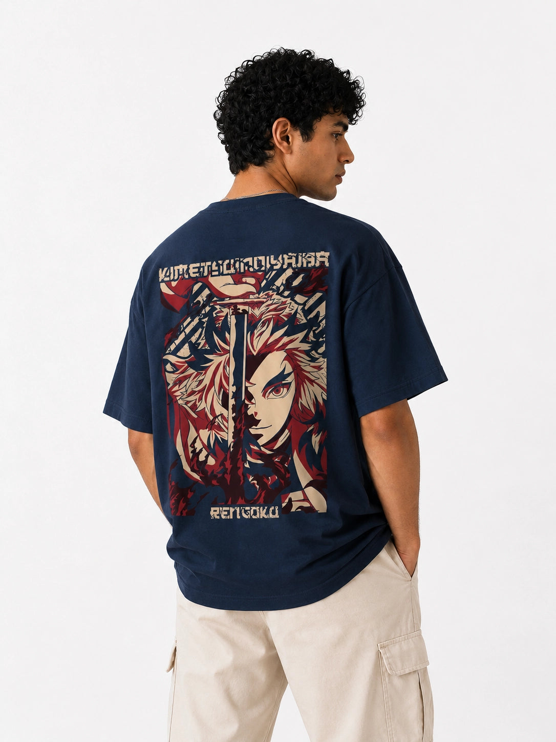 Flame Hashira Rengoku Navy Blue Oversized Graphic T-Shirt