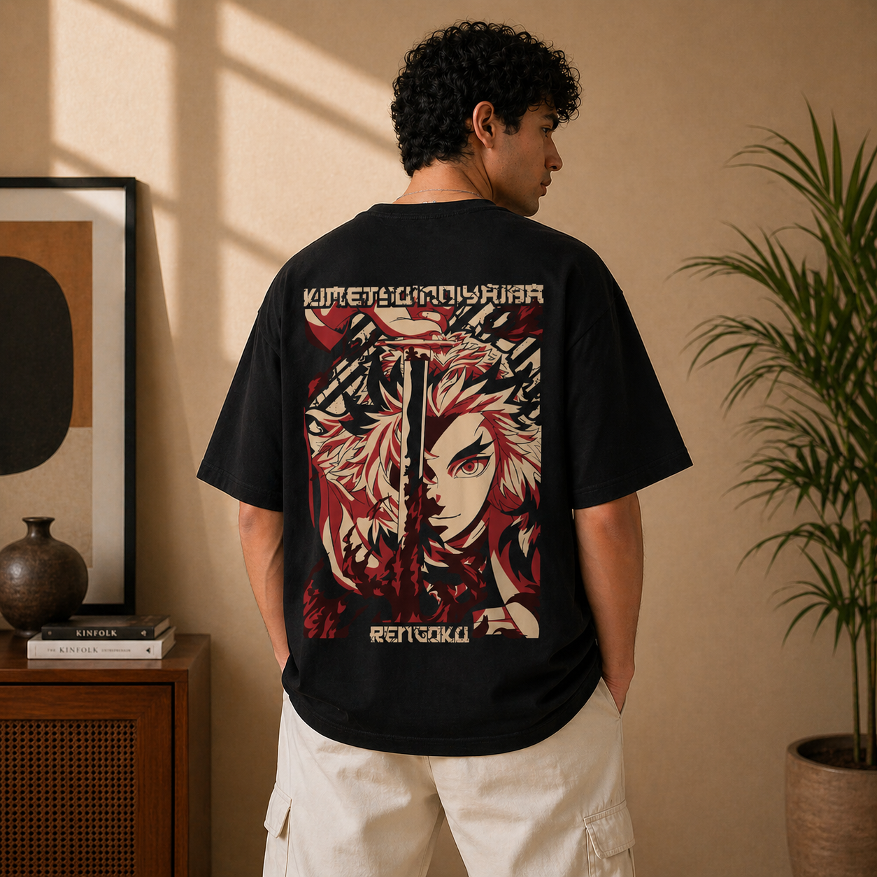 Flame Hashira Rengoku Black Oversized Graphic T-Shirt