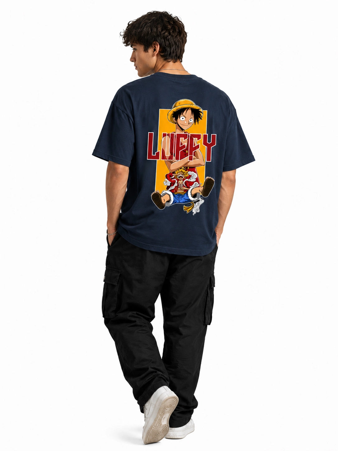 Future Pirate King Luffy Navy Blue Oversized Anime T-Shirt