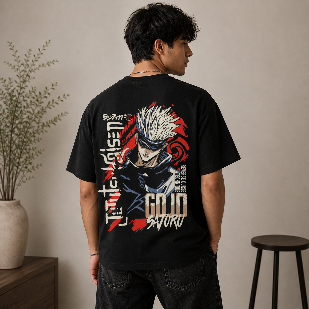 Gojo Satoru Reverse Curse Oversized Black Graphic T-Shirt