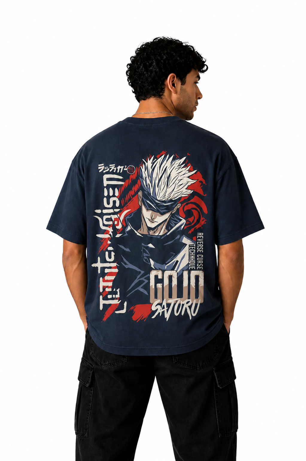 Gojo Satoru Reverse Curse Oversized Navy Blue Graphic T-Shirt