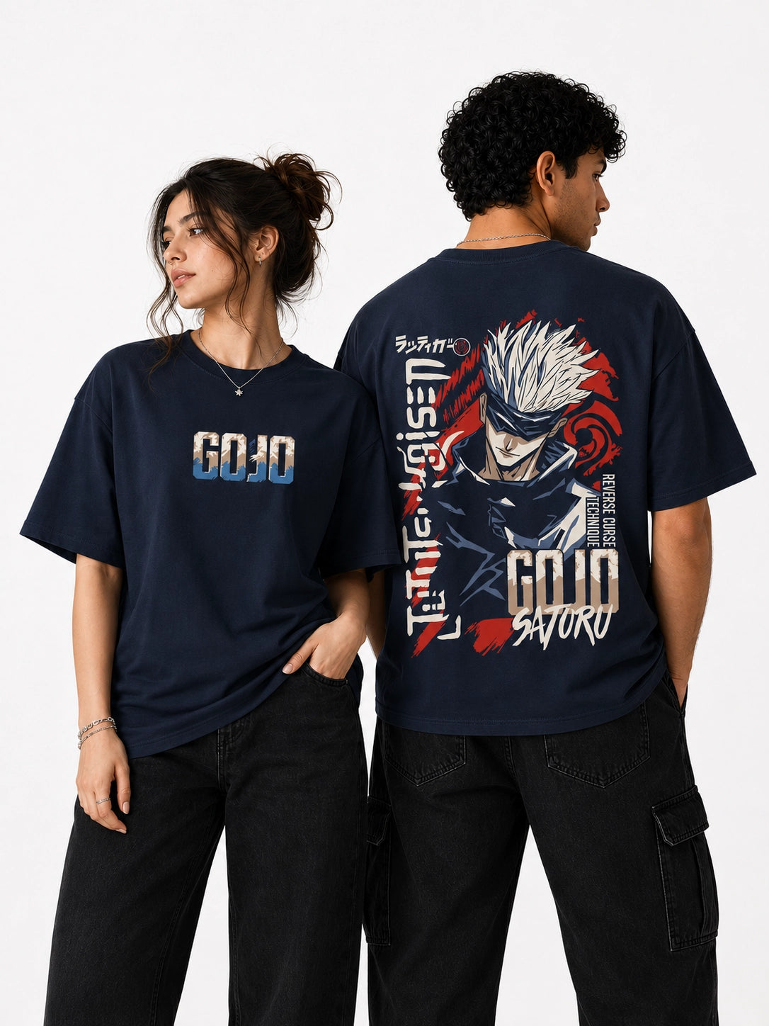Gojo Satoru Reverse Curse Oversized Navy Blue Graphic T-Shirt