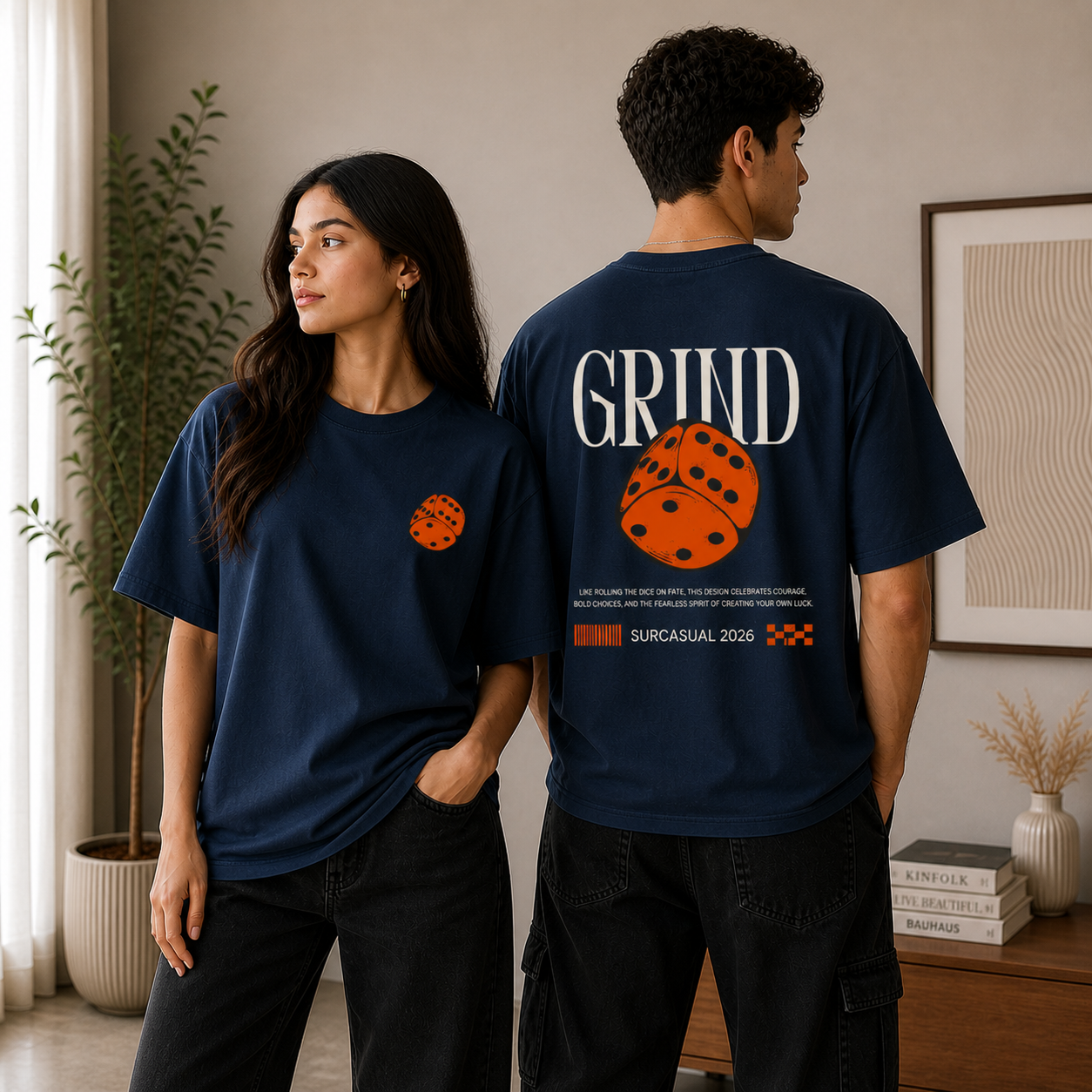Grind Dice Oversized Navy Blue Graphic T-Shirt