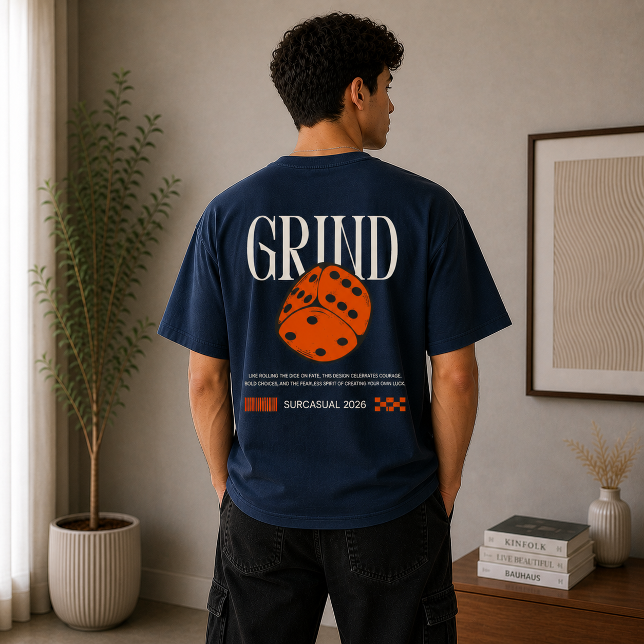 Grind Dice Oversized Navy Blue Graphic T-Shirt