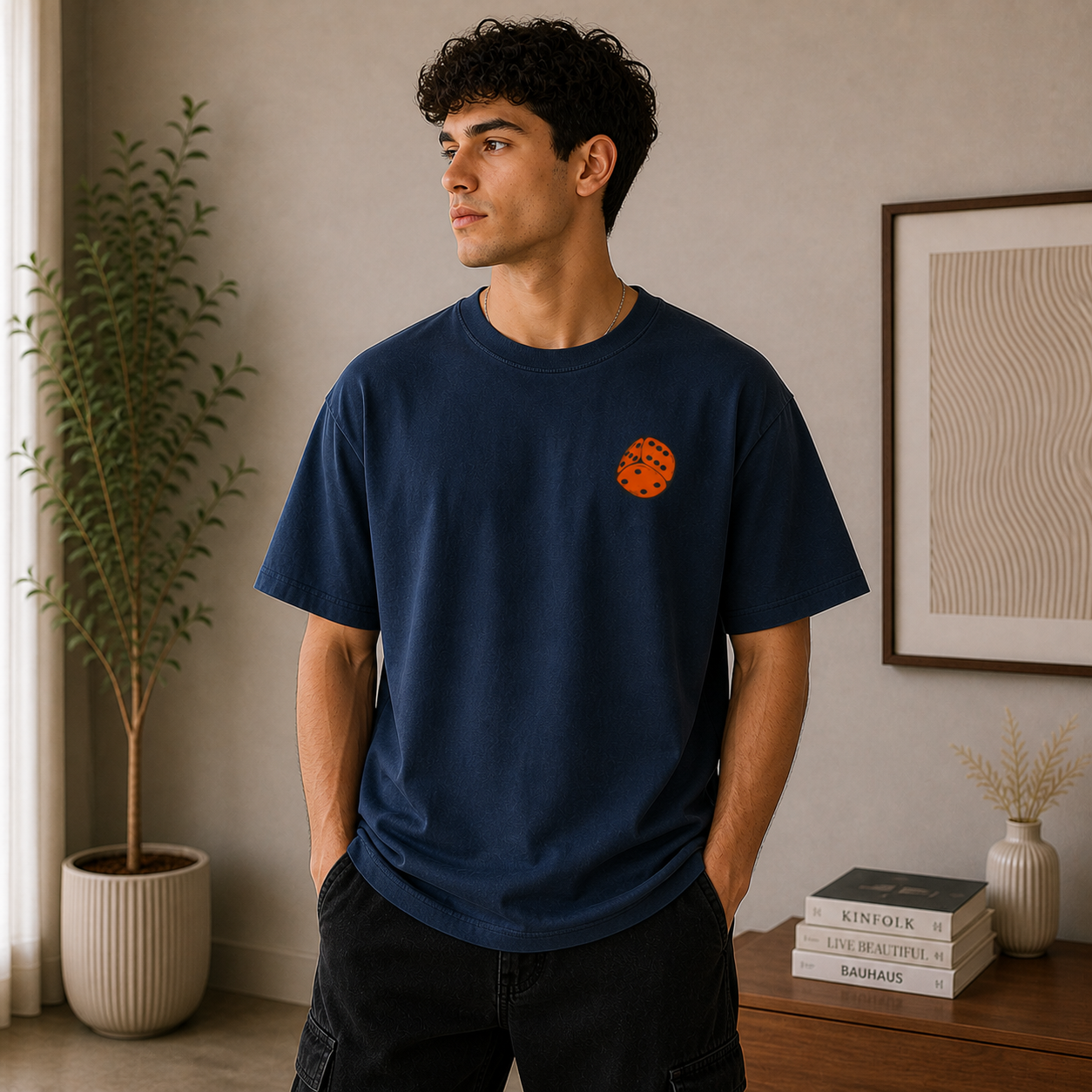Grind Dice Oversized Navy Blue Graphic T-Shirt