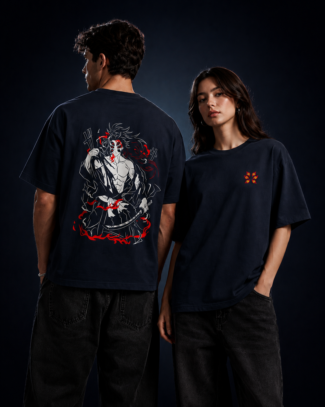 Infernal Demon Eyes Navy Blue Graphic Oversized Anime T-Shirt