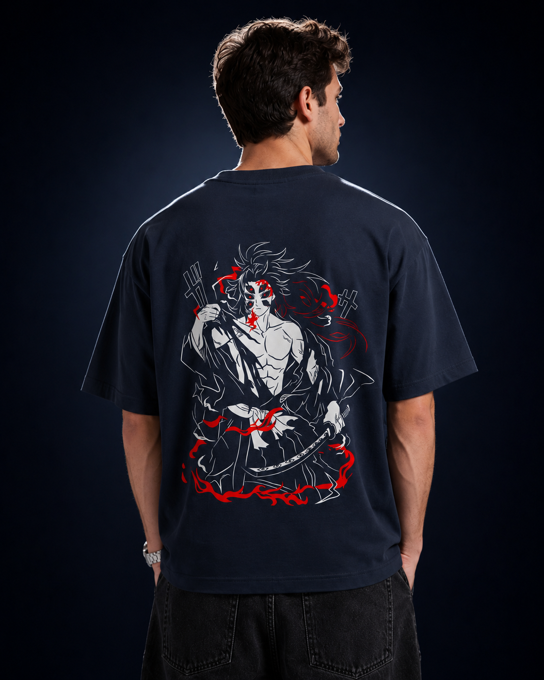 Infernal Demon Eyes Navy Blue Graphic Oversized Anime T-Shirt