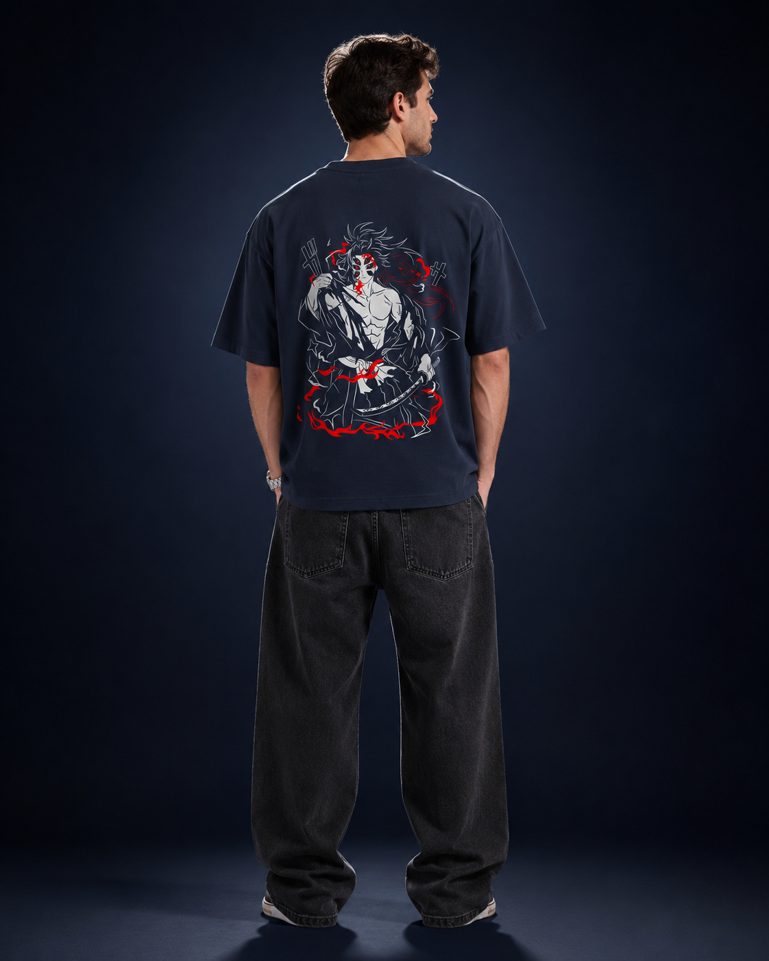 Infernal Demon Eyes Navy Blue Graphic Oversized Anime T-Shirt