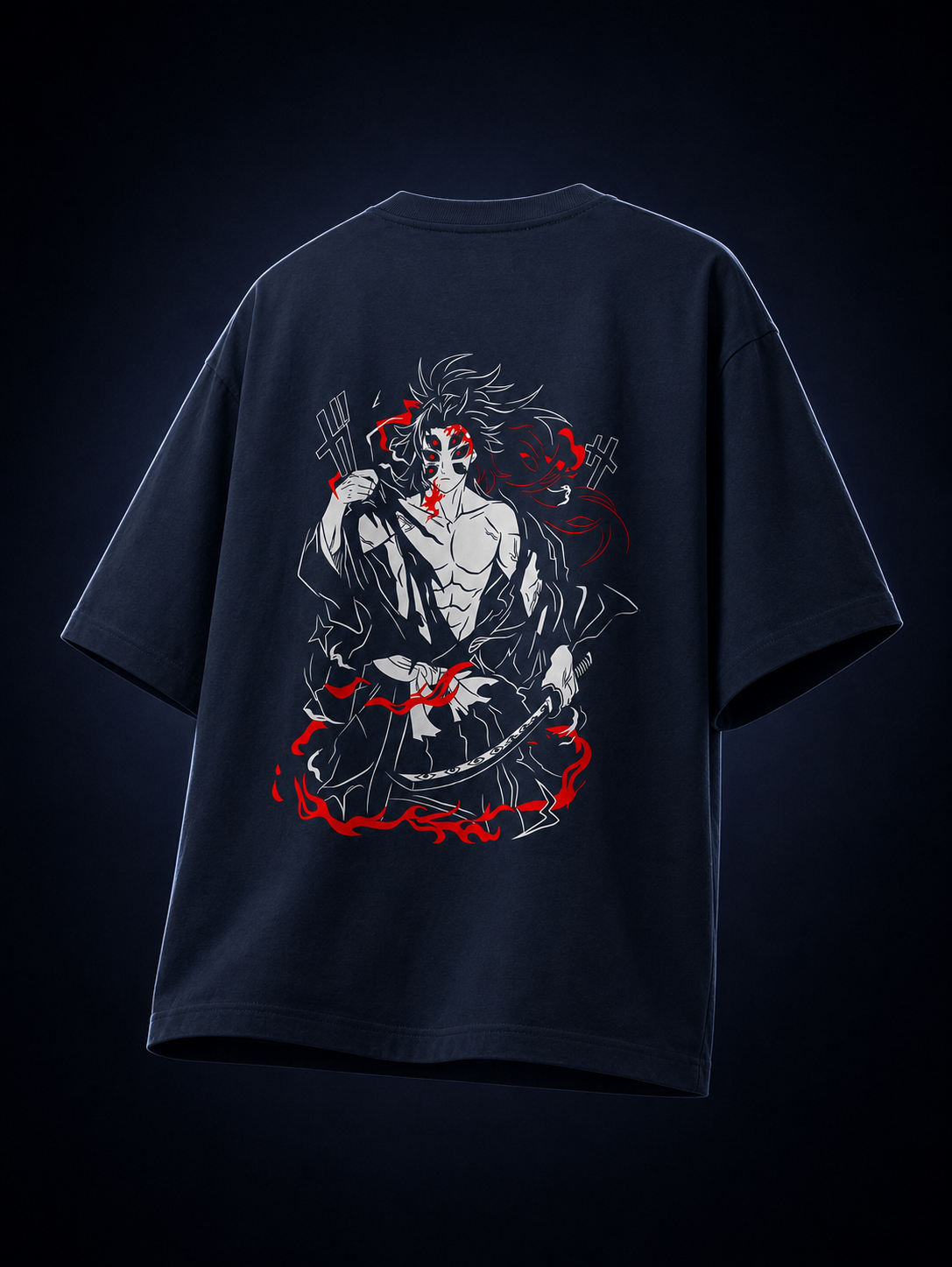 Infernal Demon Eyes Navy Blue Graphic Oversized Anime T-Shirt