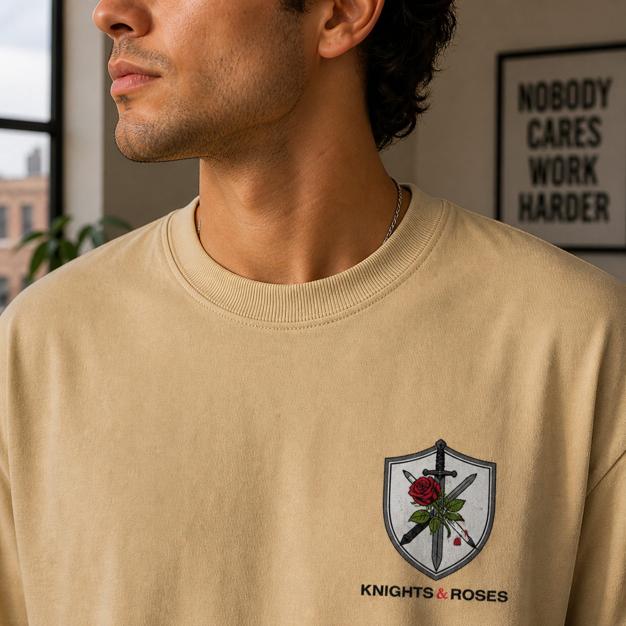 Knight & Rose Oversized Beige Streetwear T-Shirt