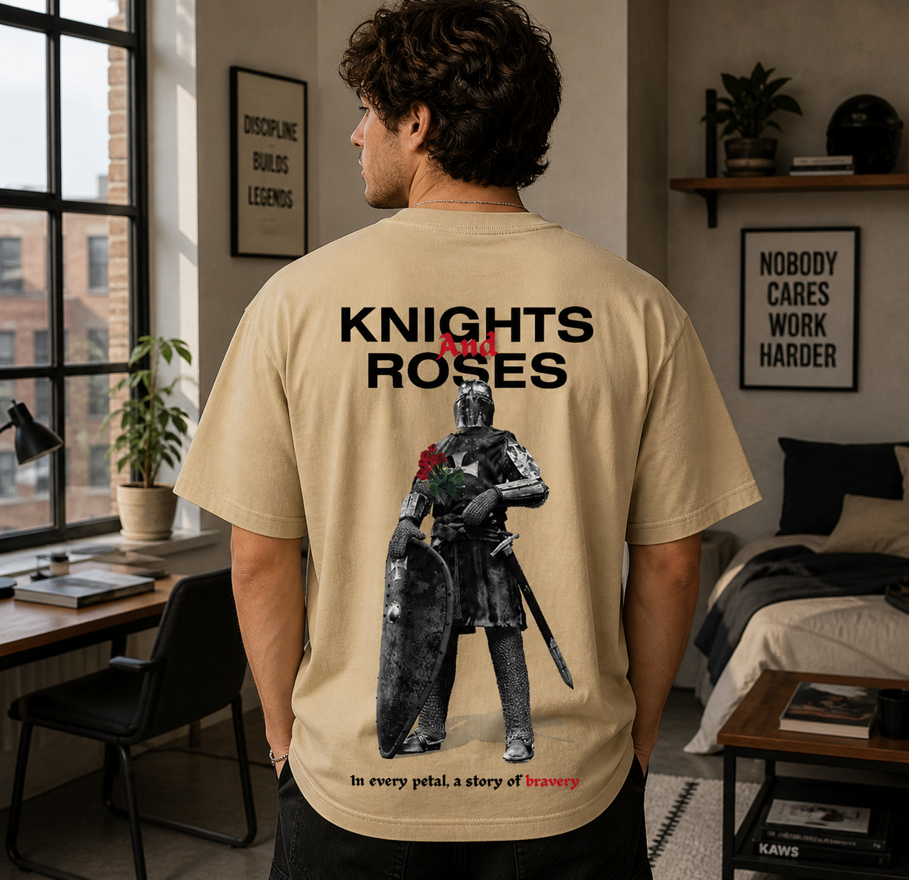 Knight & Rose Oversized Beige Streetwear T-Shirt