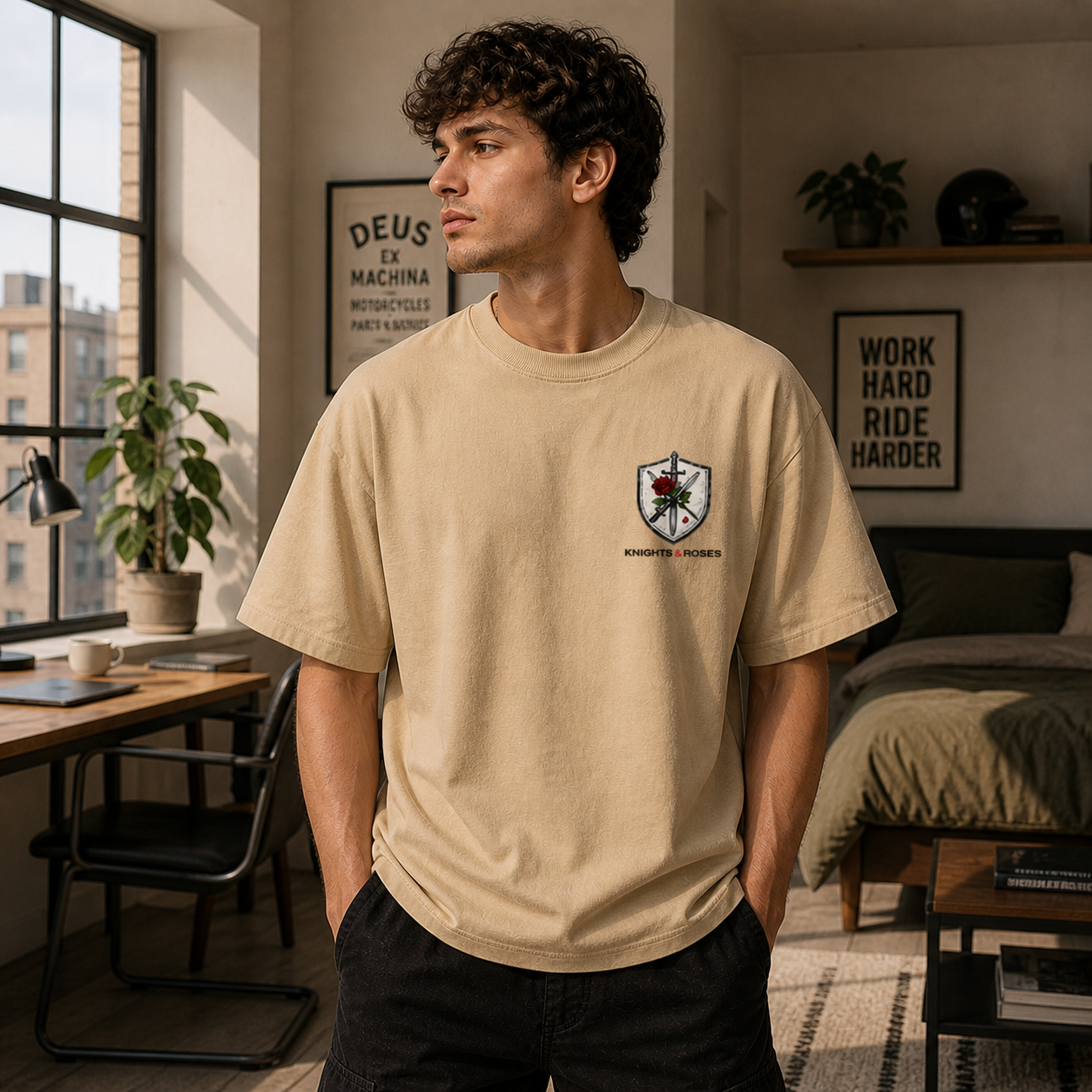 Knight & Rose Oversized Beige Streetwear T-Shirt