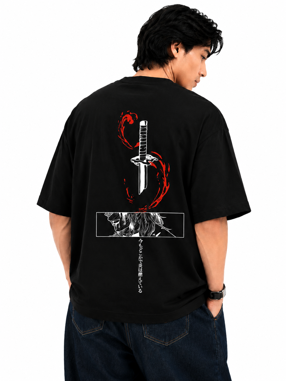 Kyojuro Rengoku Sword Oversized Black Anime T shirt