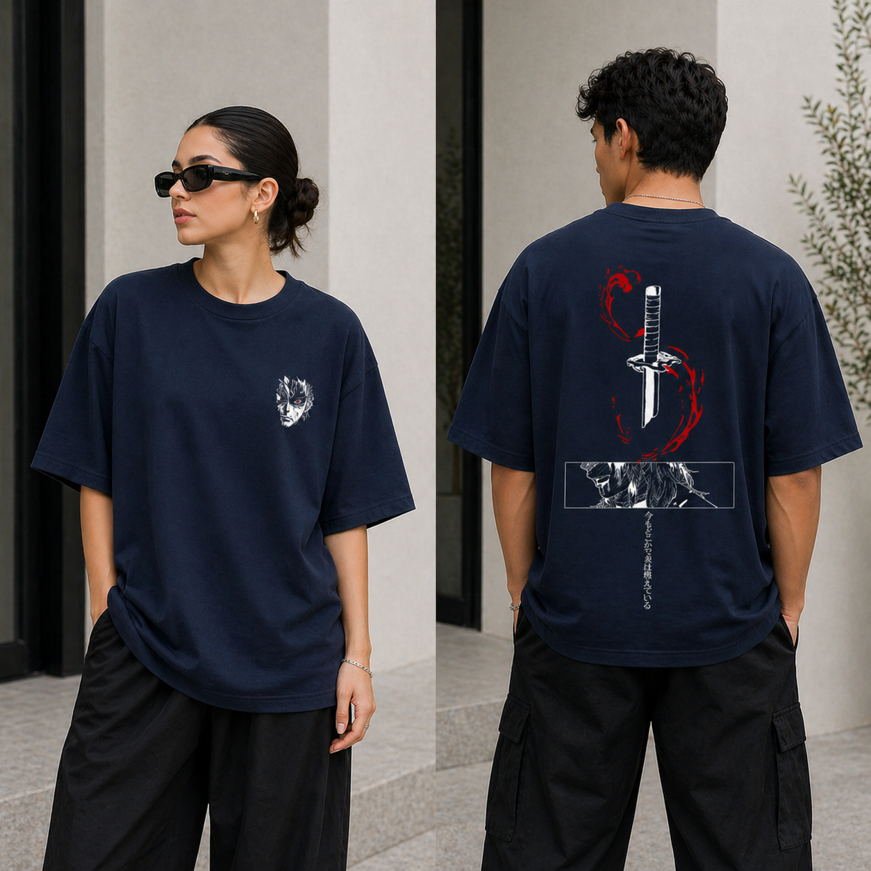 Kyojuro Rengoku Sword Oversized Navy Blue Anime T shirt