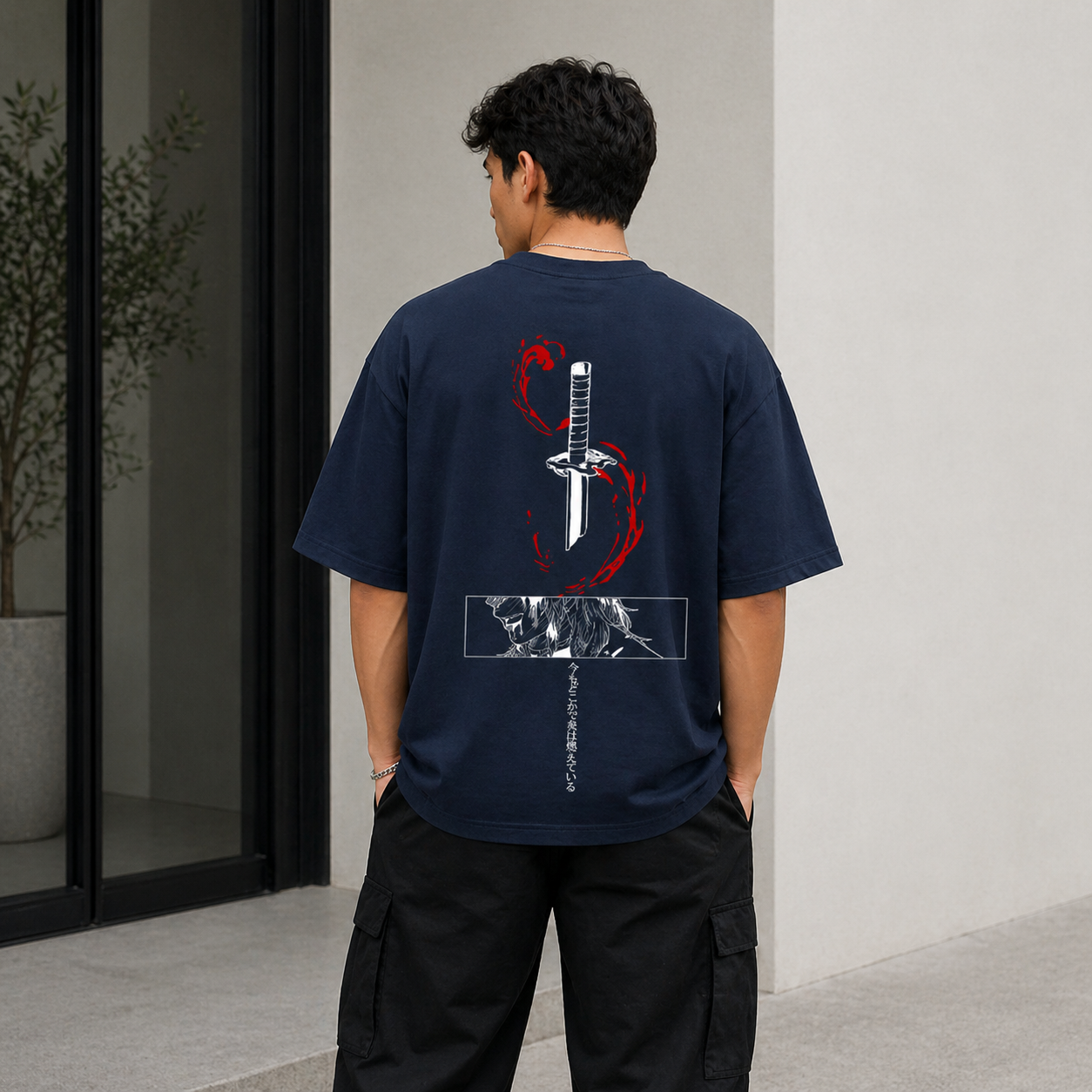 Kyojuro Rengoku Sword Oversized Navy Blue Anime T shirt