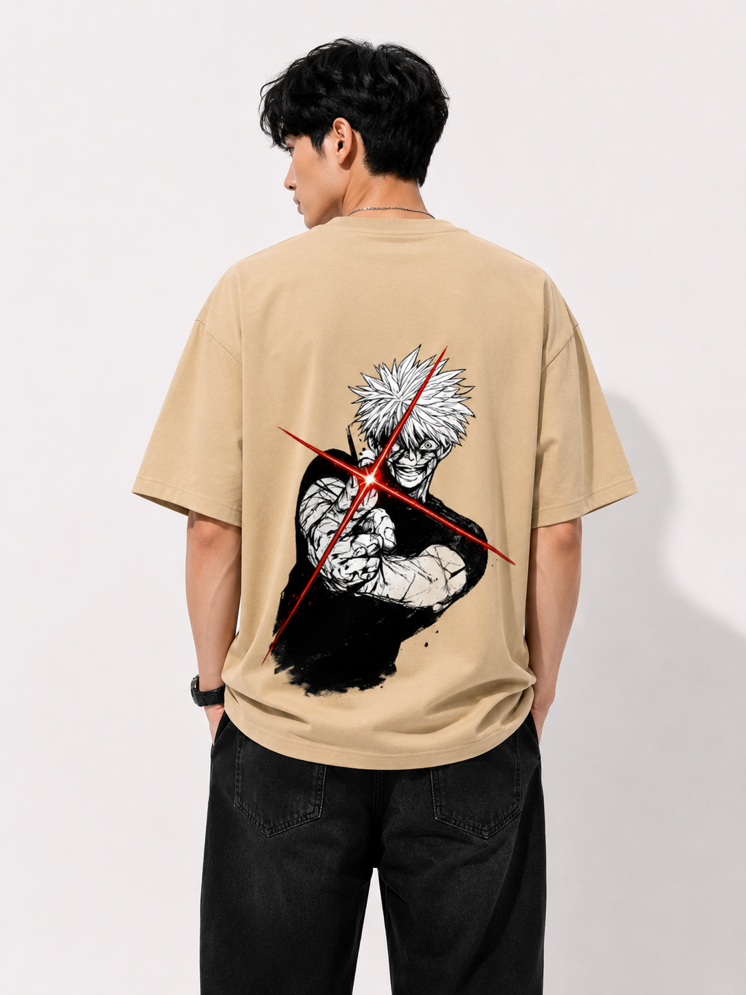 Limitless Madness Gojo Beige Oversized Anime T-shirt