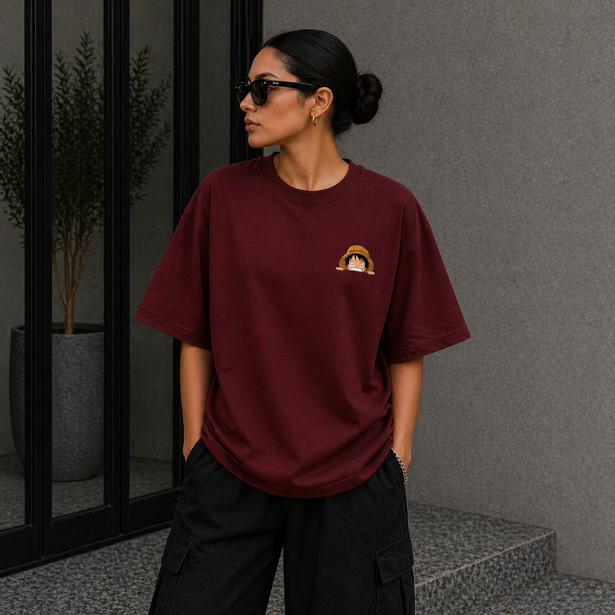 Luffy Classic Oversized Maroon Anime T-Shirt