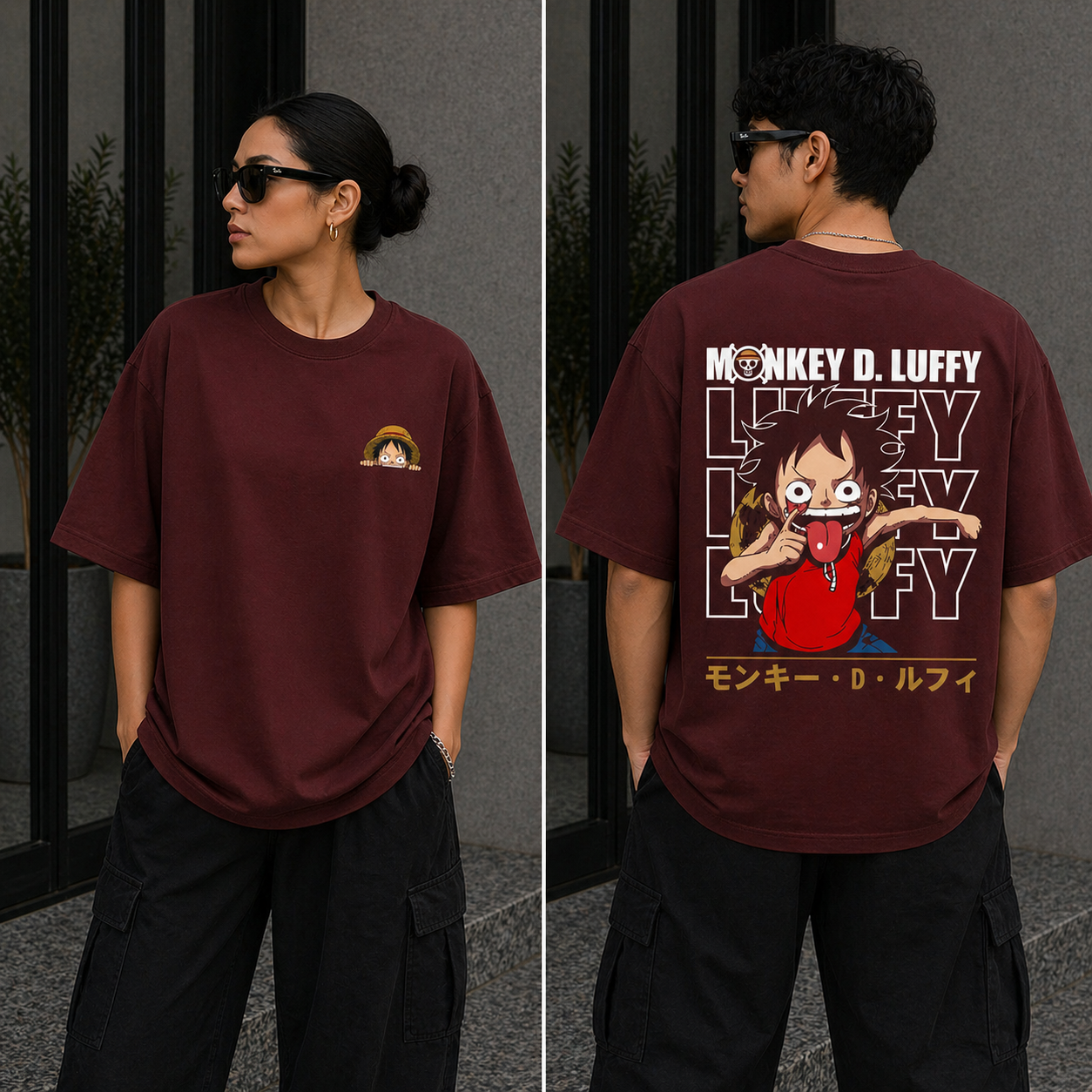 Luffy Classic Oversized Maroon Anime T-Shirt