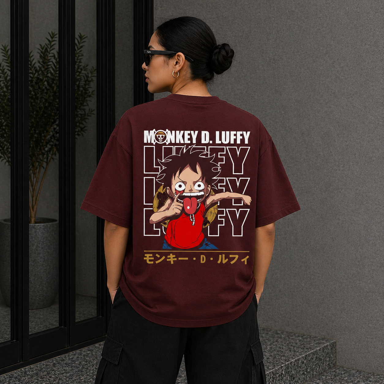 Luffy Classic Oversized Maroon Anime T-Shirt