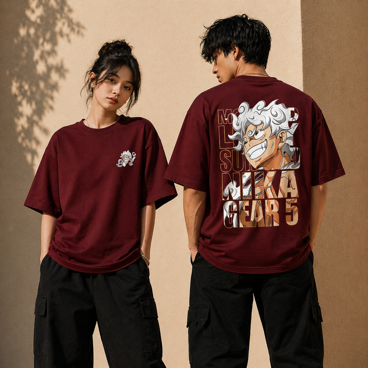 Luffy Gear 5 Streetwear Oversized Maroon T-Shirt