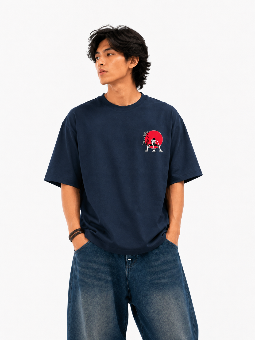 Luffy Straw Hat Oversized Navy Blue Graphic T-Shirt