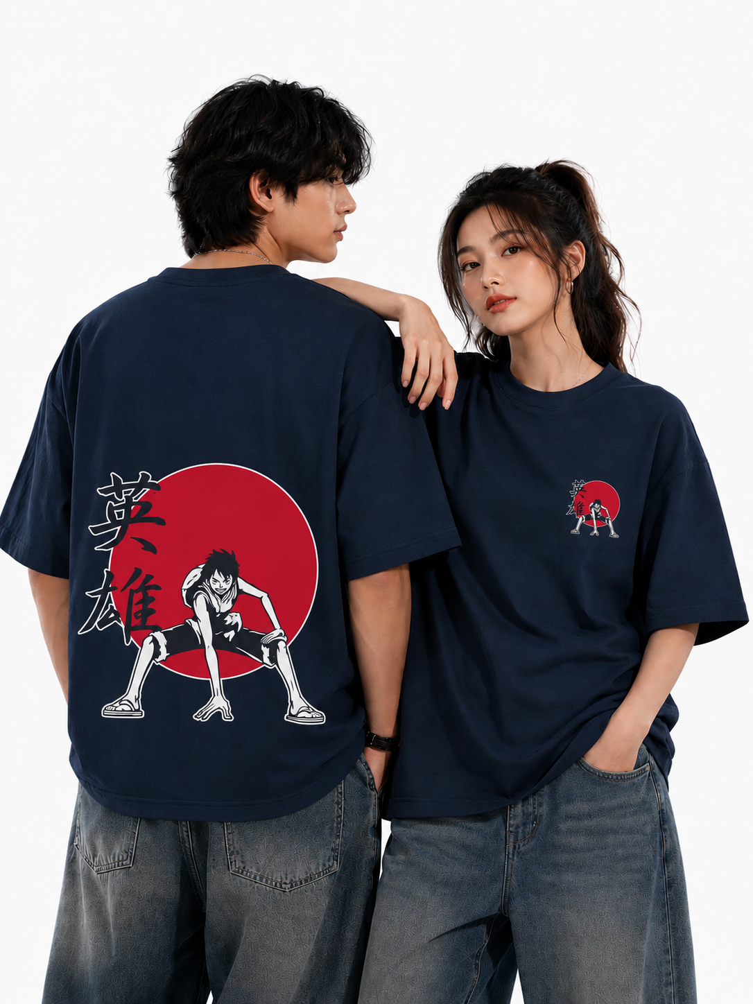Luffy Straw Hat Oversized Navy Blue Graphic T-Shirt