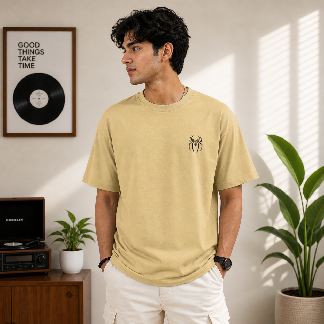 Marked By Power Spider Oversized Beige Cotton Graphic T shirt