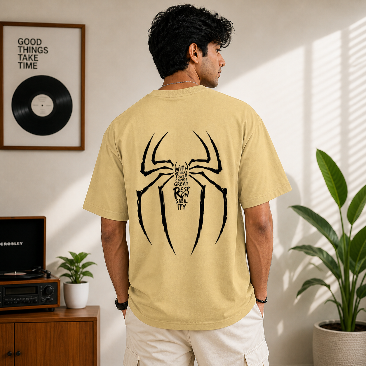 Marked By Power Spider Oversized Beige Cotton Graphic T shirt
