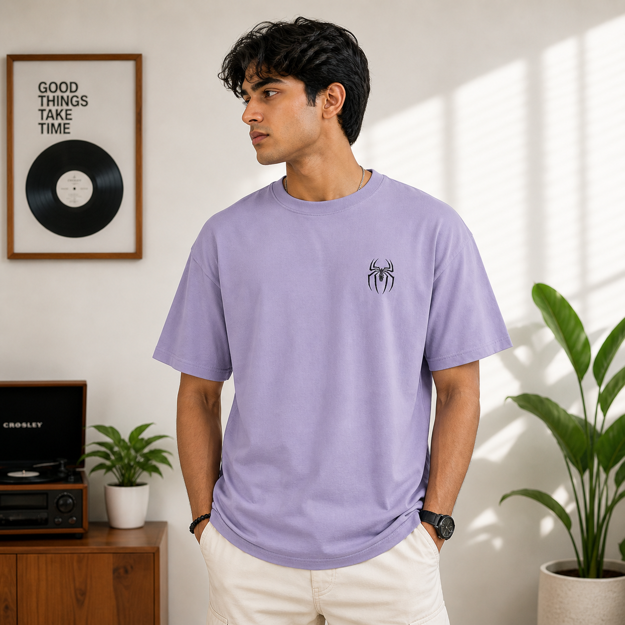 Marked By Power Spider Oversized Lavender Cotton Graphic T shirt