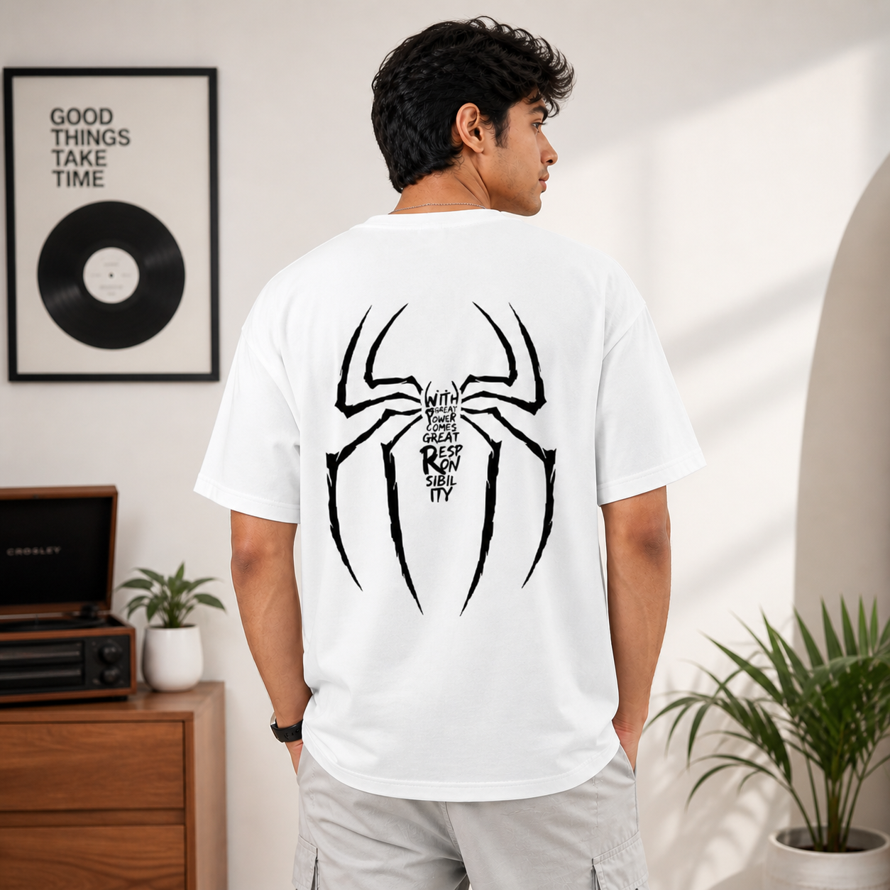 Marked By Power Spider Oversized White Cotton Graphic T shirt