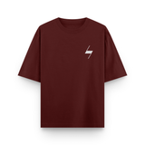 Maroon t-shirt with a white logo on a white background