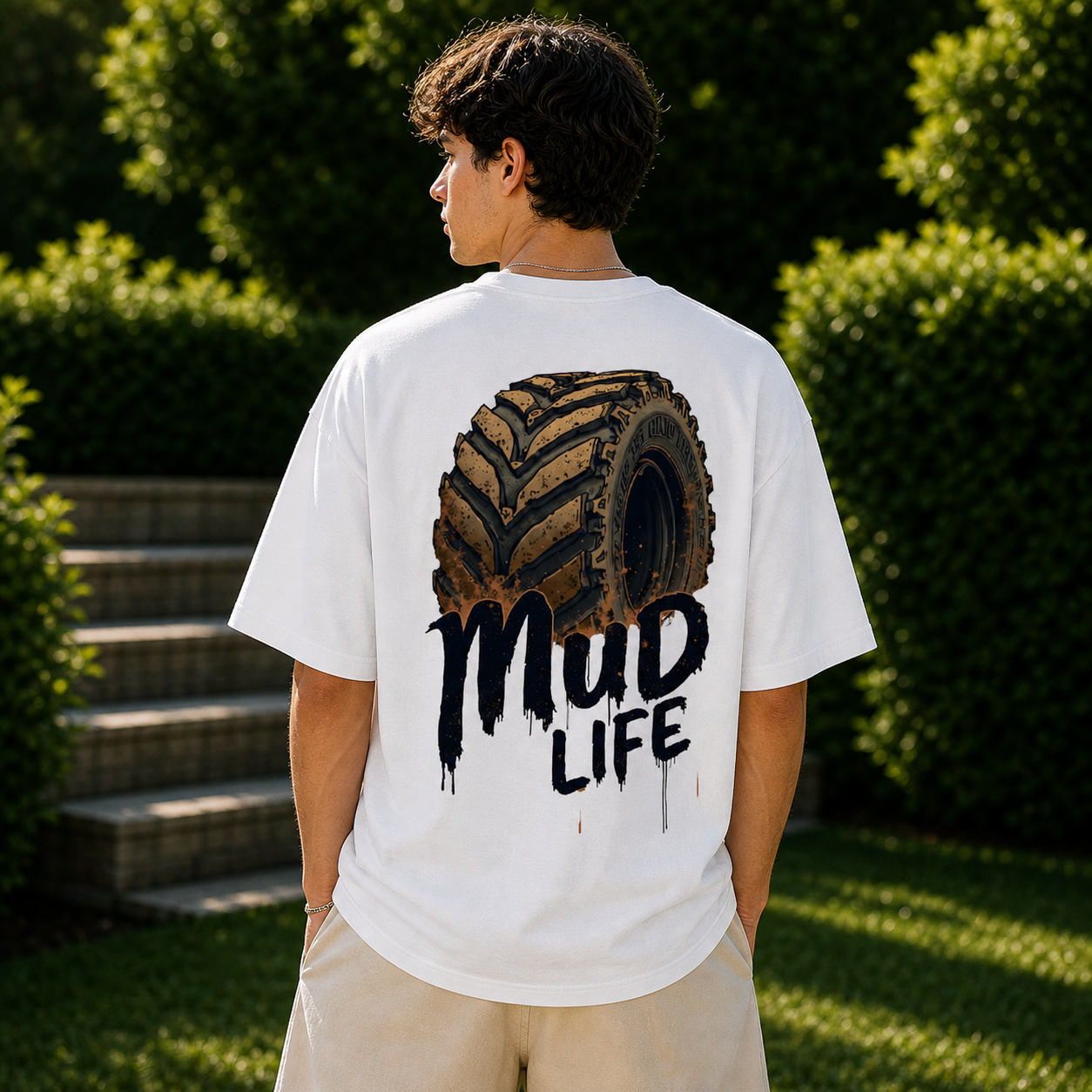 Mud Life Offroad Beast Oversized Cotton White T-shirt