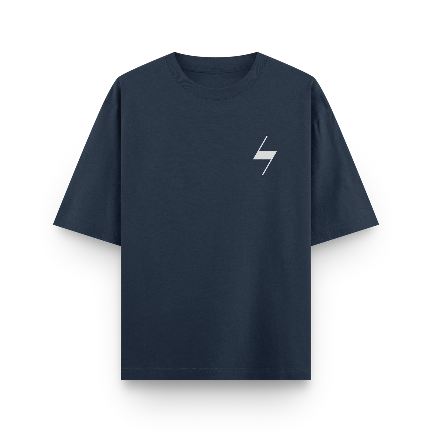 Navy blue t-shirt with a white lightning bolt logo on a white background