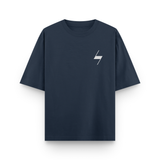 Navy blue t-shirt with a white lightning bolt logo on a white background