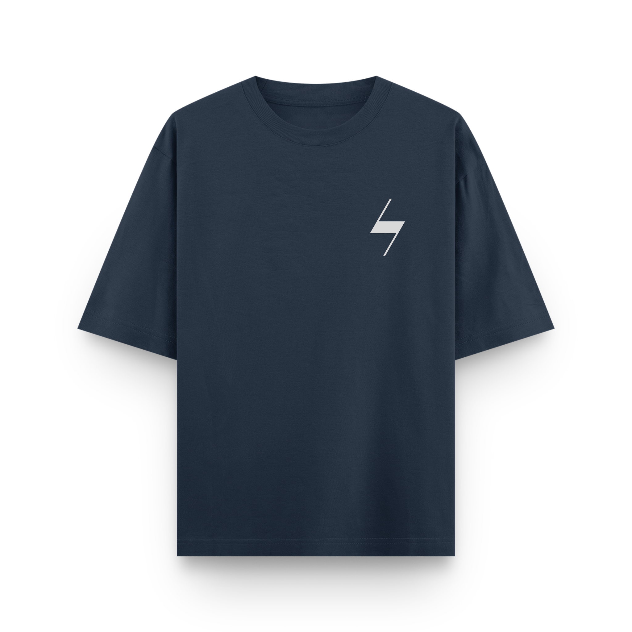 Navy blue t-shirt with a white lightning bolt logo on a white background