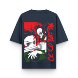 Nezuko Japanese Navy Blue Graphic Oversized T-shirt