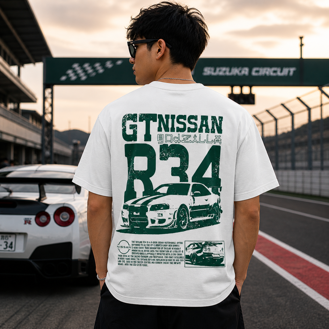 Nissan Skyline R34 GT-R Godzilla Oversized White Graphic T-Shirt