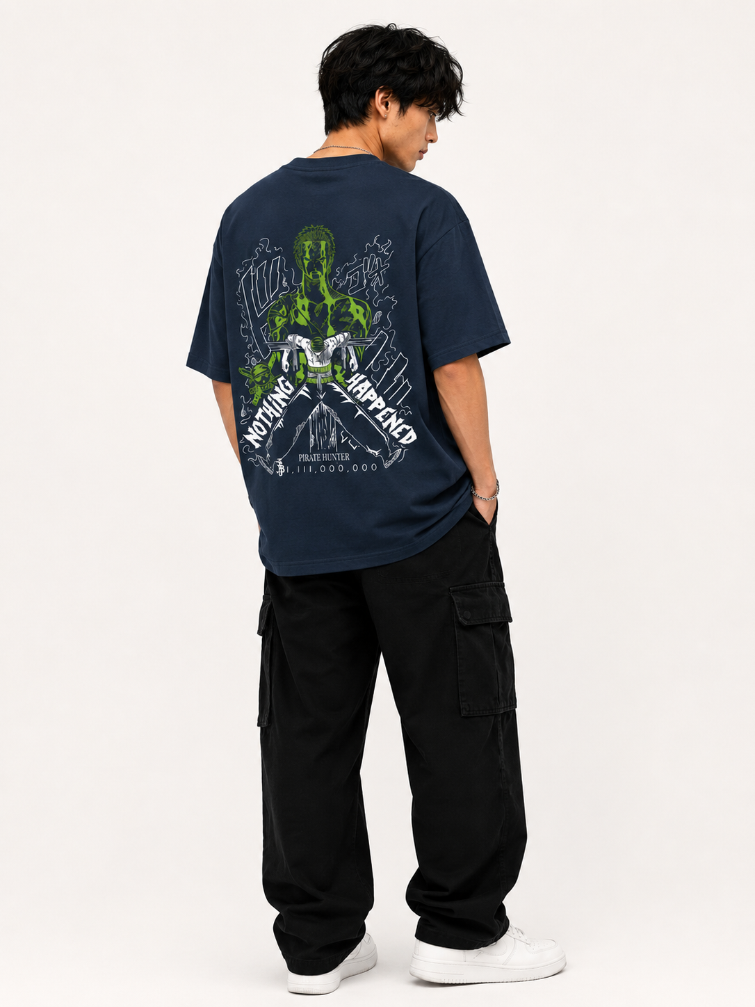 Nothing Happened Zoro Navy Blue Oversized Anime T-shirt