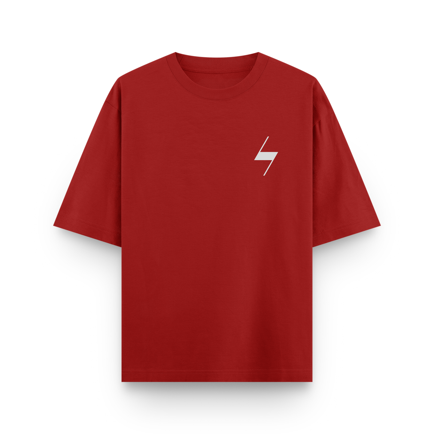 Red t-shirt with a white logo on a white background
